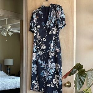 VINCE CAMUTO Floral Navy Blue White Puff Sleeve Sheath Dress Size M 10